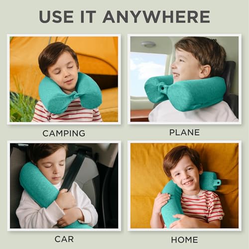 Image of Dot&Dot Green Twist Memory Foam Kids Travel Pillow for Airplanes - Kids Neck Pillows for Sleeping - Airplane Pillow for Neck Support, Chin, Lumbar, Leg - Adjustable Toddler Neck Pillow