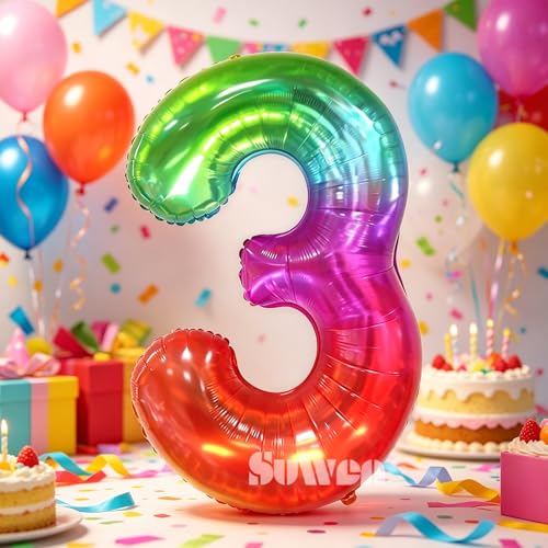 Image of SUWEN Rainbow Number 3 Balloon 40 Inch,Big Colorful Balloons 0-9 | Large Gradient Jelly 3rd Helium Foil Mylar Number Multicolor Balloons for Birthday Anniversary Party Decorations