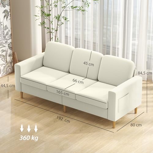 HOMCOM Canapé 3 Places en Velours côtelé, 192 cm, Design Moderne, canapé avec Coussins à Ressorts et Assise rembourré, pour Salon, Chambre, Bureau, Beige – Image 4
