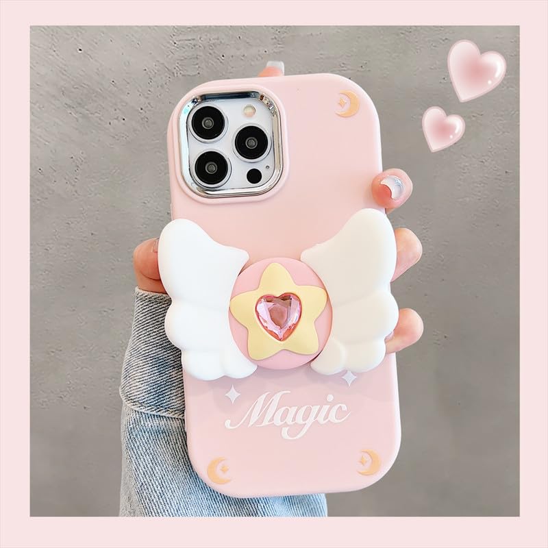 Image of COVERLY 3D Cute Magical Fairy Angel Wings Folding Fly Cartoon Magic Stars Premium Heart Shaped Diamond Phone Stand Holder Soft Silicone Cover Girly Love Cute Adorable Case for Apple iPhone 12 Pro
