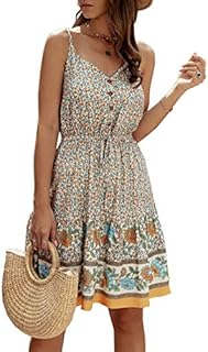 PRETTYGARDEN Women’s Floral V Neck Spaghetti Strap Button Down Sundress Swing Ruffle Summer Mini Short Dress (Z-Apricot,X-Large)