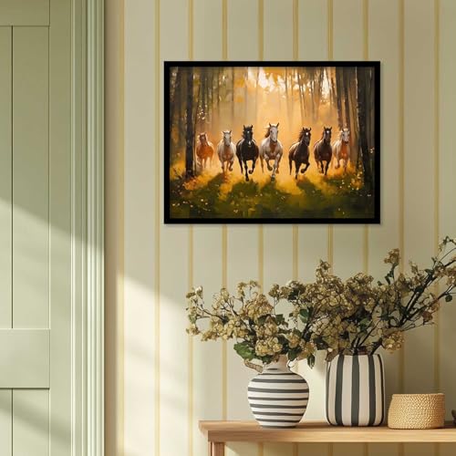 Image of HOTHOUSE 7 Horses Vastu Frame Wall Art Painting for Living Room Bedroom Office Home Decor | Seven Running Vastu Lucky Horse Rising Sun Painting Wall Decor Size (10X13 inch)