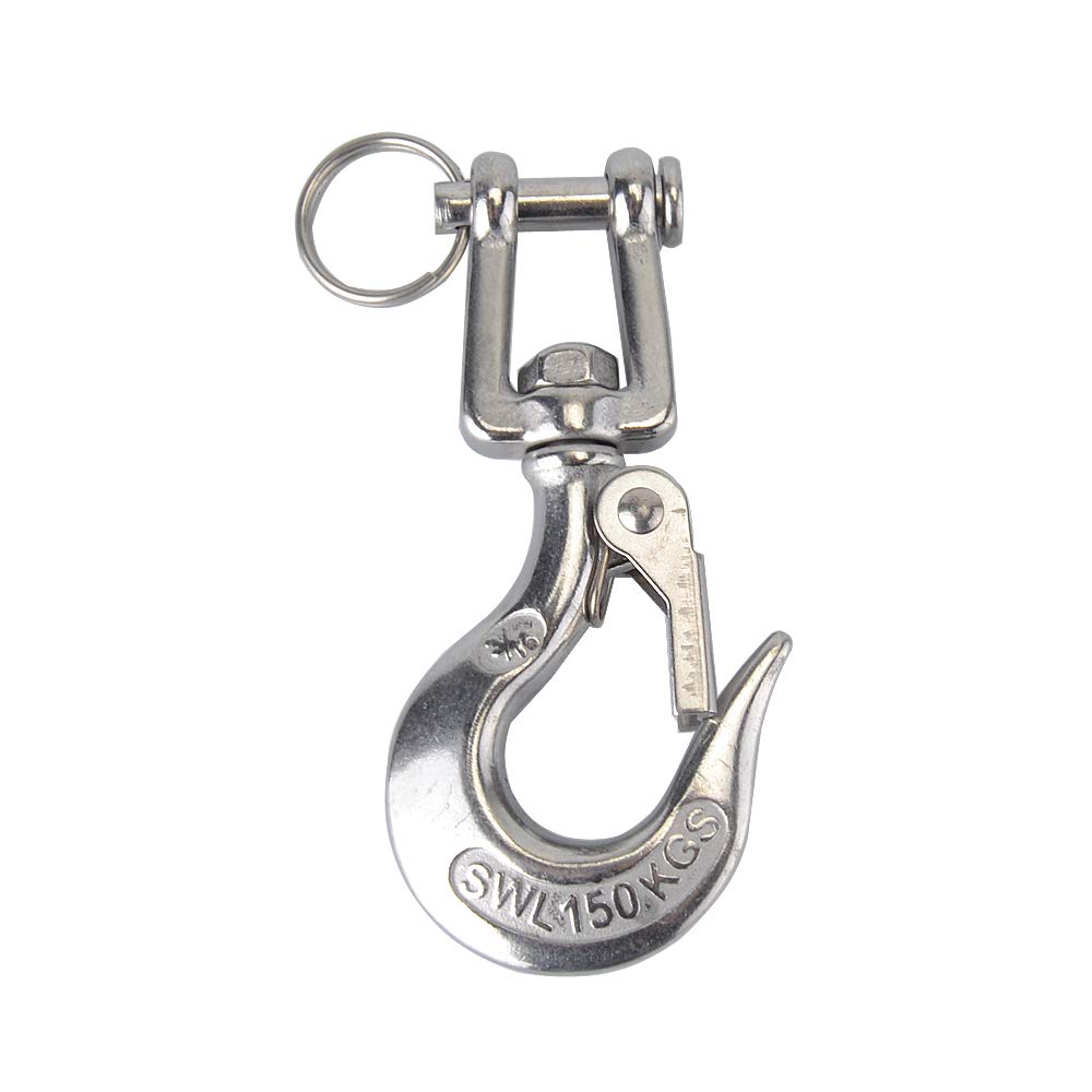 PLUSKER 304 Stainless Steel Clevis Slip Hook Opening with 3/16" Safety Latch American Type Swivel Eye Lifting Hoisting Chain Hooks for Rigging Accessory (SWL 150 KGS)