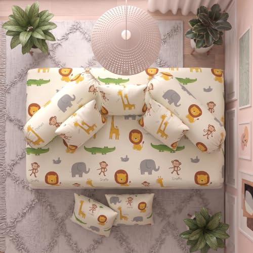 Image of Filymore Cute Animals Kids Diwan Set, 8 Pieces Premium Microfiber Diwan Bedding Set with 1 Single Bedsheet, 5 Cushion Covers & 2 Bolster Covers, Soft & Comfortable Kids Room Bedding Set, White
