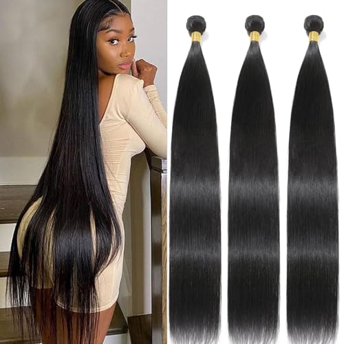 NROOEAY Brazilian Straight Bundles Human Hair 36 38 40 Inch Long 3 Bundles Deal 12A Unprocessed Virgin Human Hair Weave Natural Black Human Hair Extensions