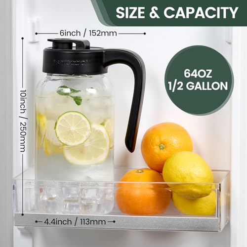 Image of Mason Jar Pitcher, 2 pcs 64 oz (2 quart), Glass Pitcher with Lid | Airtight, Leak proof, Ergonomic Handle, Pour Spout Lid, Fridge Safe, for Sun Tea, Iced Tea, Cold Brew, Lemonade, Outside