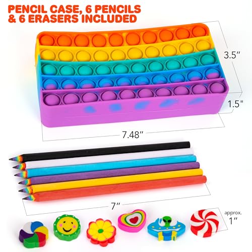 Image of ArtCreativity Pop It Pencil Case for Kids - Silicone Pop Up Case with 6 Colorful Pencils and 6 Erasers - Sensory Fidget Pouch for Boys and Girls (Pack of 2)
