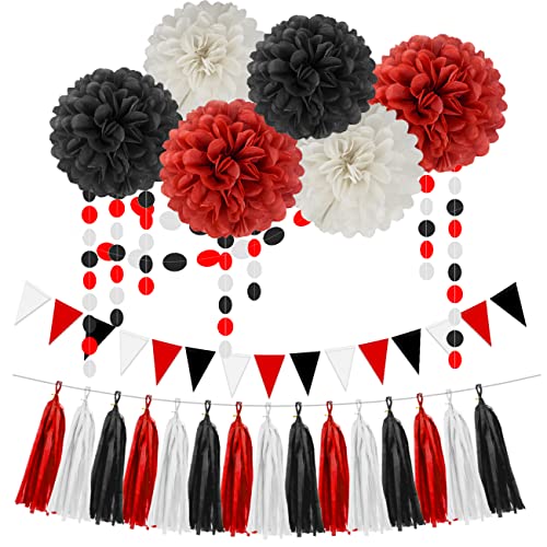 Image of White Red Black Party Decorations - 23pcs Tissue Paper Flowers Pom Poms Tassel Garland Pennant Banner Flags Streamers Birthday Wedding Graduation Bachelorette Classroom Office Hanging Decor