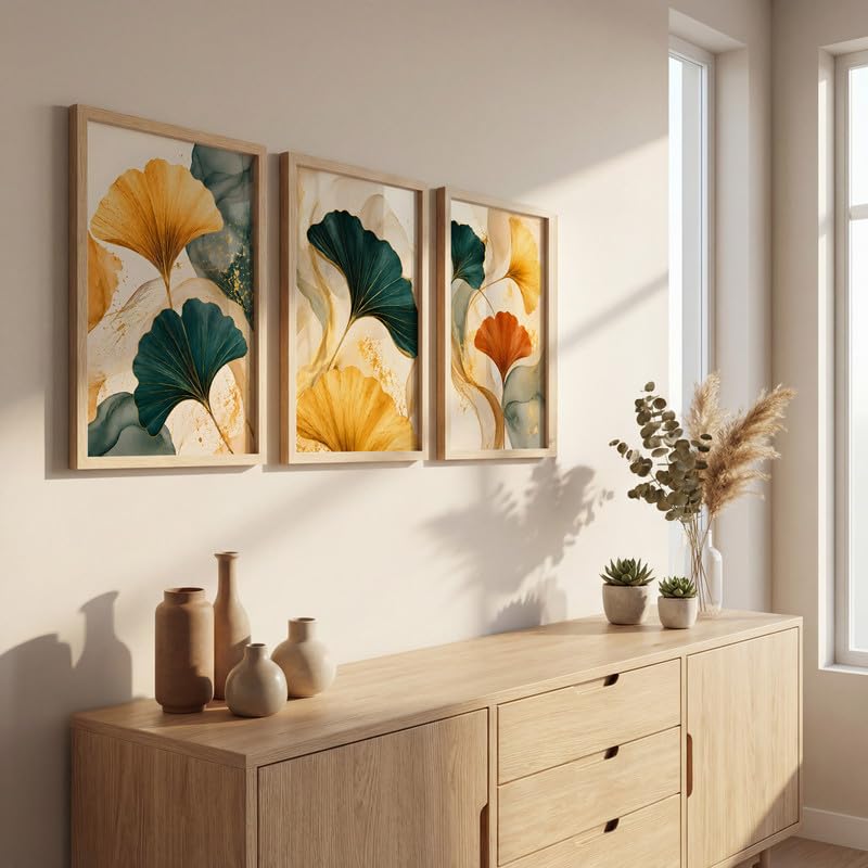 Image of NoWorries Abstract Ginkgo Leaf Wall Art Frames Set of 3 | Modern Botanical Look Paintings with Gold & Teal Leaves | Premium 300 GSM Prints in Synthetic Wooden Frames | Living Room, Bedroom, Office & Home Decor (NATURAL, ART-15, 10X13INCHES)