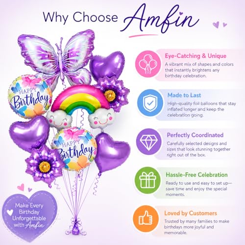 Image of AMFIN (Pack of 8) Butterfly Theme Birthday Balloon Bouquet Purple Metallic Finish Foil Women Girls Decoration Item Kit Rainbow Flower