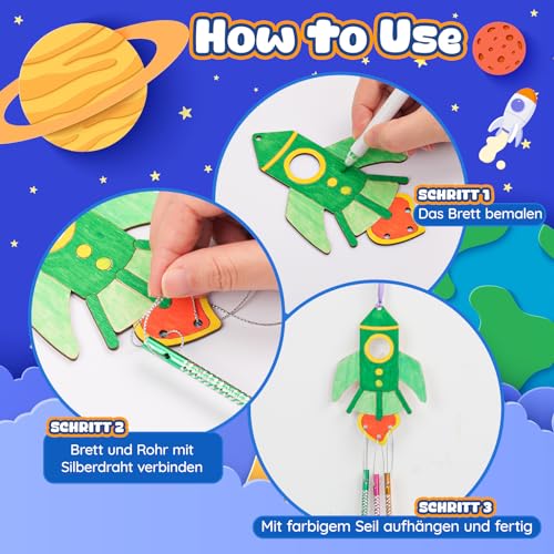 12 Stück Raketen Windspiel Bastelset Kinder Holz DIY Weltraum Geburtstag Party DekorationKlangspiele Set Kindergeburtstag Klangspiele Holzbastelsets Deko Garten Kreative für Jungen Mädchen