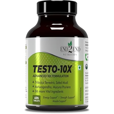 End2End Nutrition Testo-10X Natural Testosterone Booster for Men with Tribulus, L-Arginine, Ashwagandha and Safed Musli for Strength, Stamina, Energy and Muscle Gain  60 Tablets