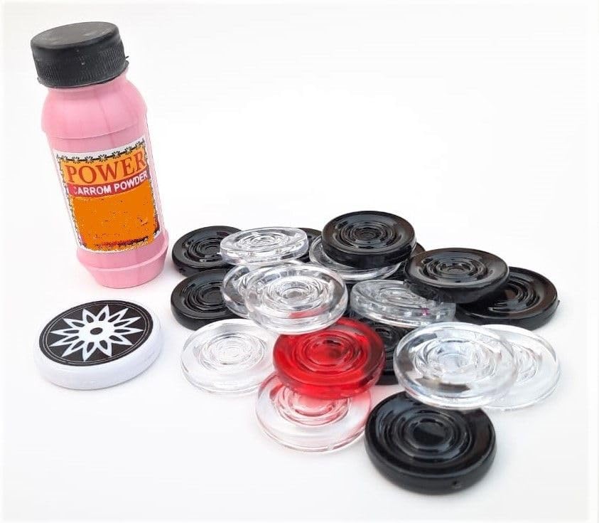 YMD Crystal Carrom Coins Set (Pack of 20) with Striker and Powder Carrom Pawns (Pack of 20)-image-1
