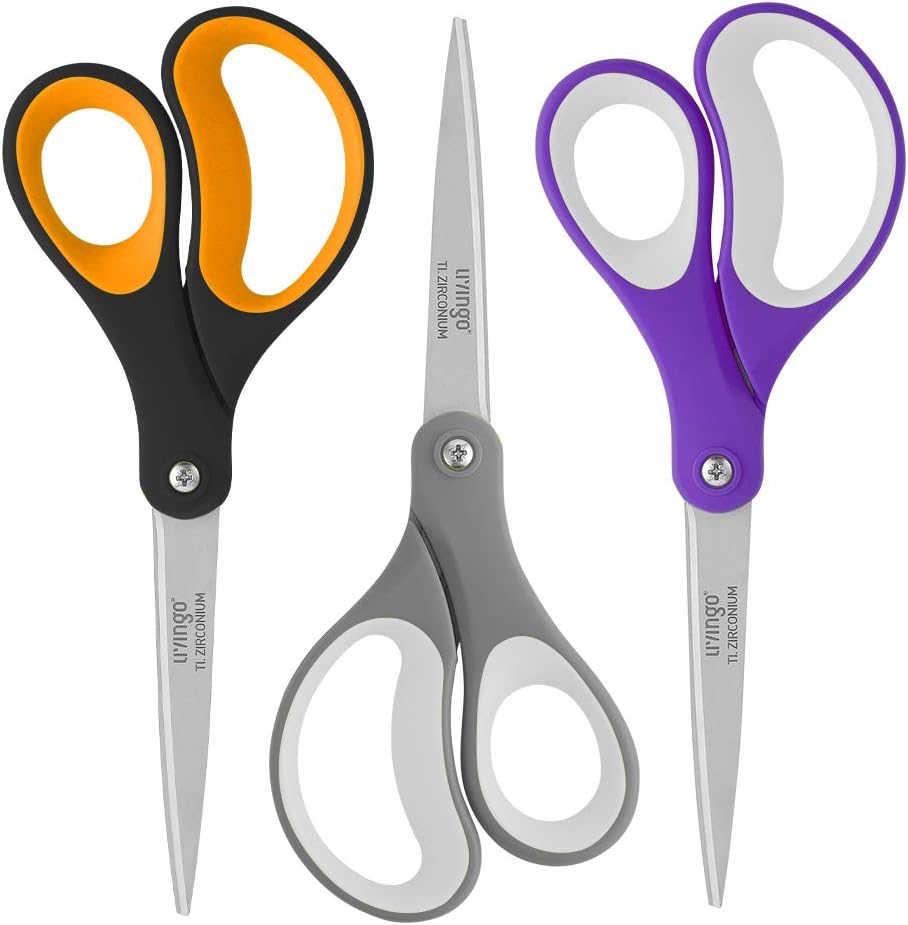 LIVINGO Scissors, 8" Multipurpose Scissors for Office, Fabric Scissors, Sewing Scissors, Sturdy Sharp Shears for Craft, DIY, Titanium Coated Blades, Comfort Grip, Home School Use, 3 Packs