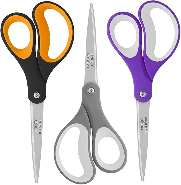 LIVINGO Scissors, 8" Office Scissors Stationery Set, Fabric Dressmaking Sewing Scissors, Sturdy Sharp All Purpose Shears for Home School Craft DIY, Titanium Coated Blades, Comfort Grip, 3-Pack