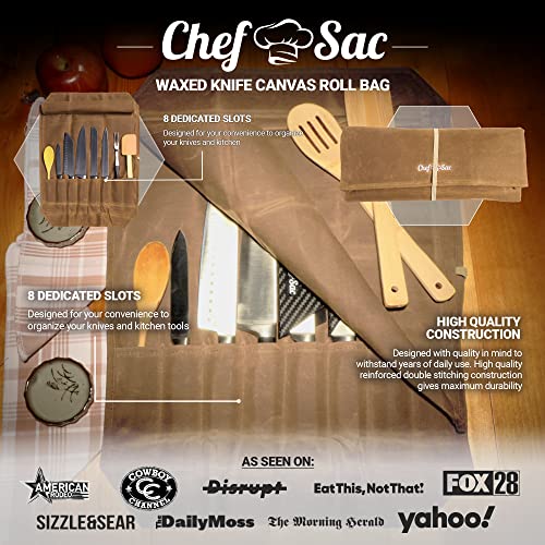 Chef Knife Waxed Canvas Knife Roll Bag| 8 Pockets For Knives & Kitchen Utensils Waterproof Material | Great Gift For Executive Chefs & Culinary Students (Light Brown) #TOP1