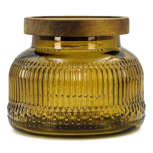 Decorative Amber Ribbed Glass Jar with Airtight Wooden Lid, 40 fl. oz by LINGSHINE - Used condition - US$17.85