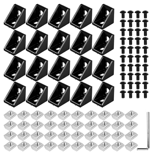 Lot de 20 Connecteur Angle 20pcs Aluminium 20x20mm pour profile alu aluminium 2020, Raccord Alu Angle Équerre Fixation Alu avec écrous T vis et clé, accessoires pour profilé en aluminium