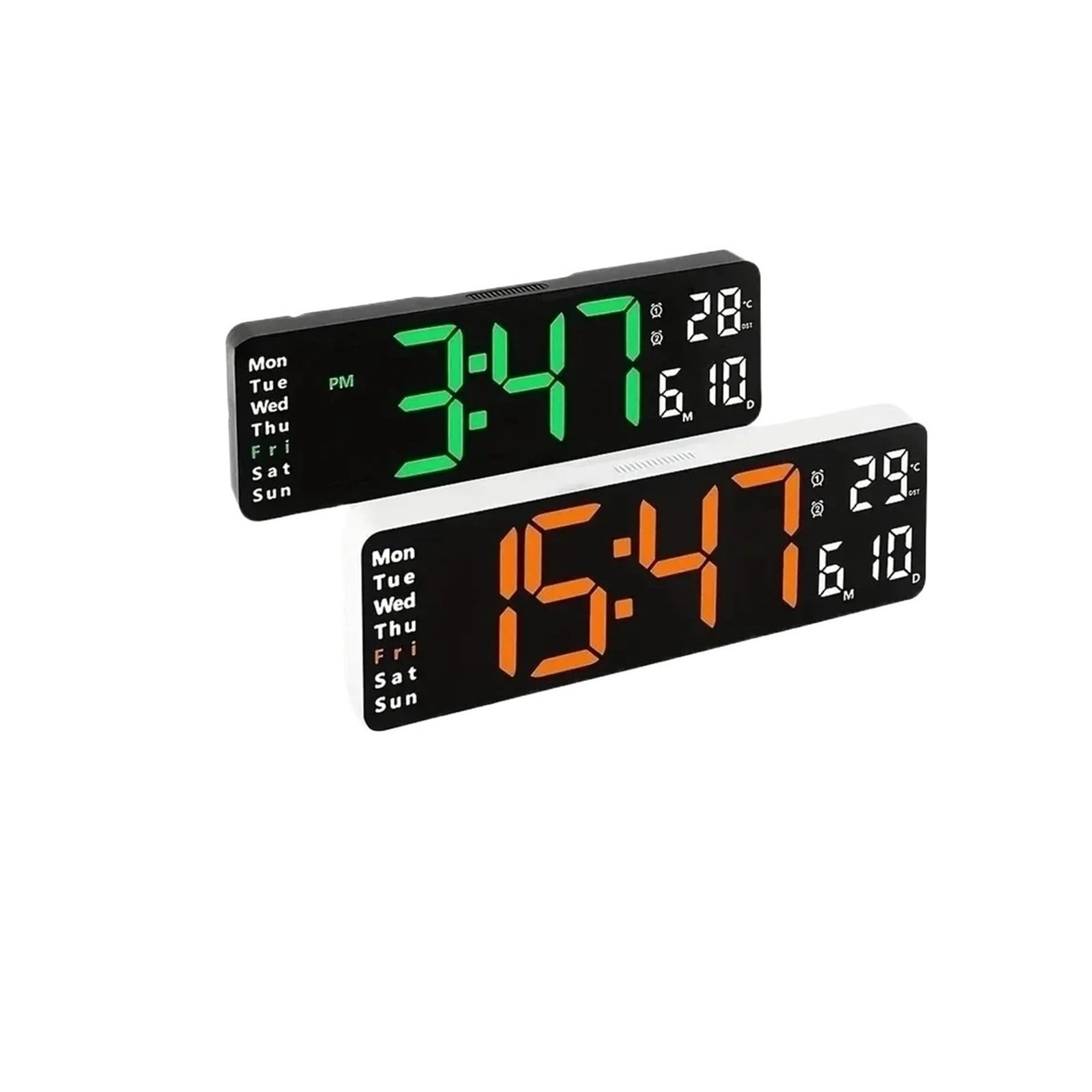 Budzik, Duży cyfrowy zegar ścienny z em, wyświetlaczem temperatury i daty, jasnością regulowaną, podwójnym alarmem, zegarem do dekoracji domu dla Heavy Sleepera(Orange)
