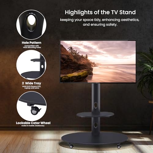 Image of Wooden /Metal Mobile TV Stand on Wheels Height Adjustable Floor TV Stand Holds Upto to 65 inch LED /Smart TV, BlackTV Stand TV Unit /Mount -Oval