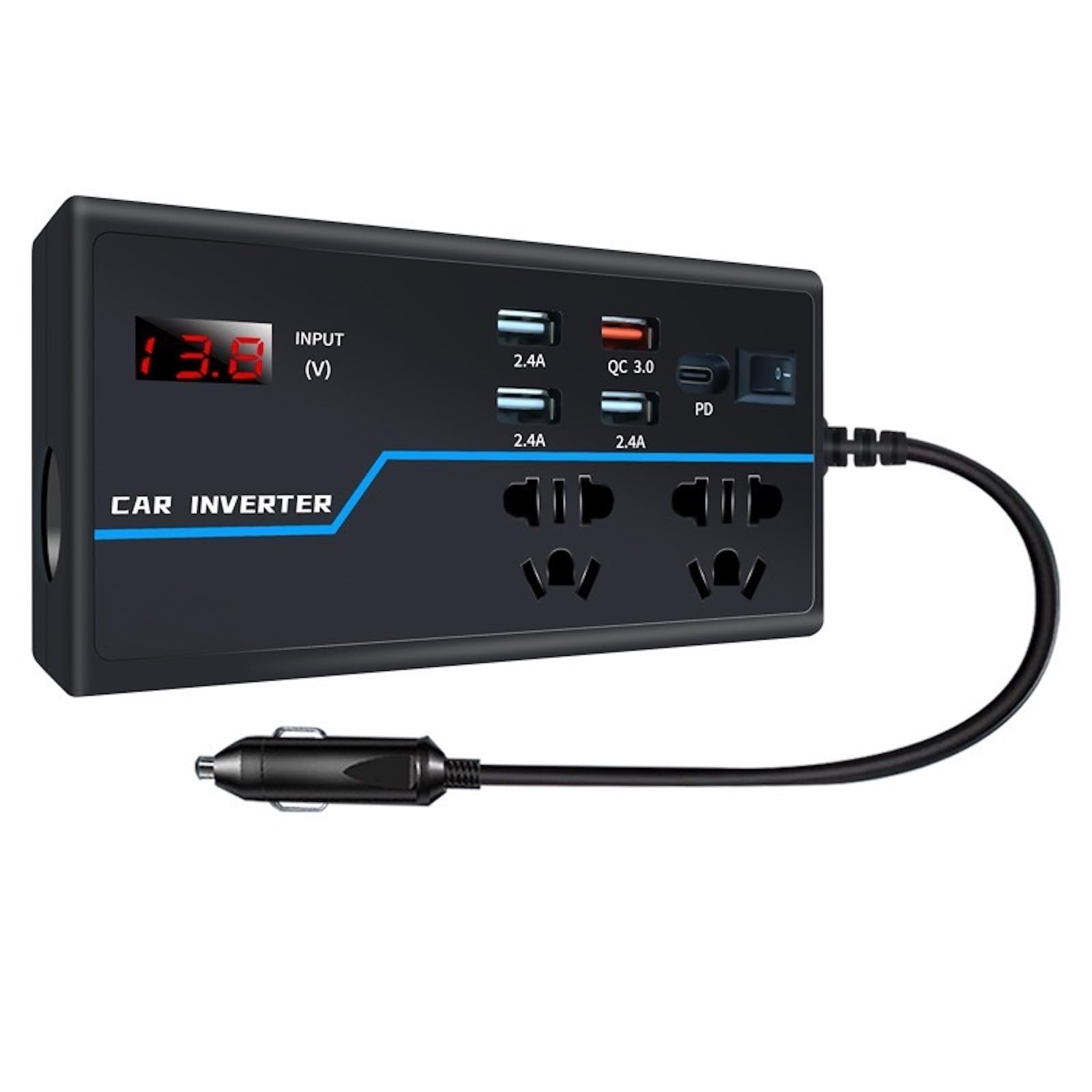 200W Car Power Converter, DC 12V to AC 110V Car Inverter, Car Outlet Adapter with PD 30W(PD3.0)/QC 30W(QC3.0) Fast Charging Ports, Car Plug Converter with On/Off Switch and Current LCD Screen