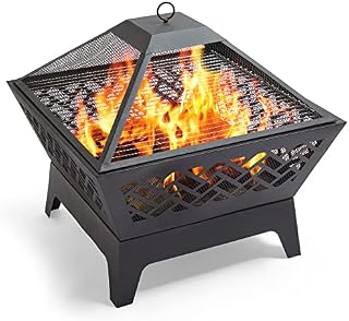 VonHaus Fire Pit  Chevron Firepit with Poker  Outdoor, Garden, Patio Heater/Burner for Wood & Charcoal  Strong Steel Construction  Black