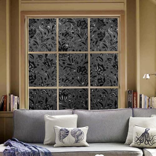 Image of LEMON CLOUD Total Blackout Window Film Privacy Static Cling Frosted Black Window Covering 100% Opaque Film Tint Darkening Removable Film for High Privacy,(Blackout Tulip Design,23.6 x78.7 inches)