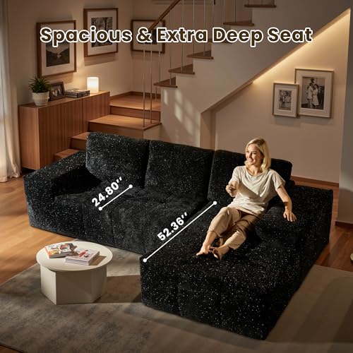 Image of 114 inch Glitter Cloud Sectional Couch with L-Shape Chaise, Modern Boneless Couches for Living Room, Fluffy Tufted Deep Seat Modular Sofa in a Box No Assembly