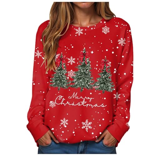 Weihnachtspullover Damen Sweatshirt Rundhals Langarm Weihnachten Pullover Casual Christmas Elch Print Sweat Oberteile Merry Christmas Weihnachtspulli Teenager Mädchen Pulli...