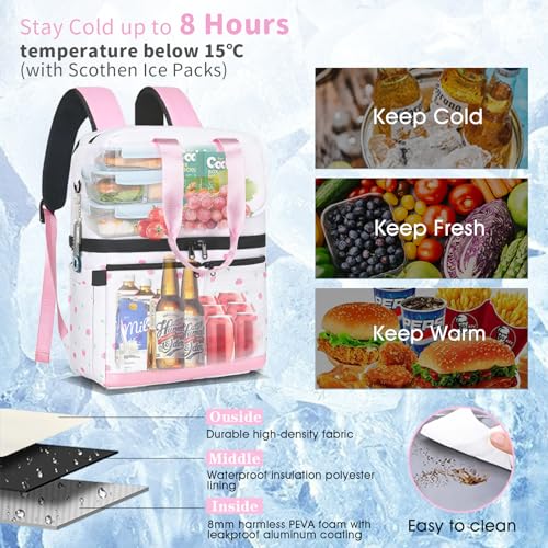 Image of Scothen Backpack Cooler with Double Decker & 12 Ice Packs- Keeps 36 Cans Cold for Up to 24 Hours- Waterproof & Leak Proof Insulated Cooler Backpack- Stylish Cooler Bookbag for Women Travel Work Beach