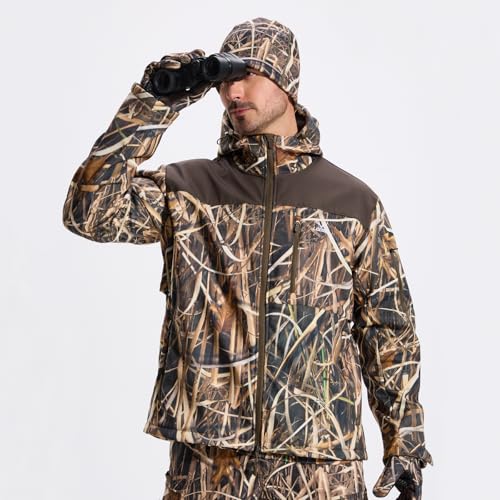 Image of LOOGU Mens Camo Jacket Hunting Hooded Softshell Fleece Lined Outdoor Hiking Coat