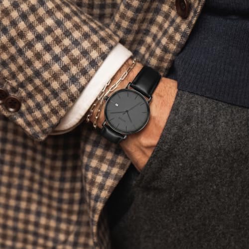 Image of BUREI Men's Fashion Minimalist Wrist Watch Analog Date with Leather Strap