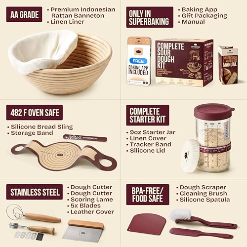 Image of Superbaking Sourdough Starter Kit, 9 inch Splinter-Free Banneton Bread Proofing Basket Set with Non-Stick Silicone Dough Sling & Glass Starter Jar Kit, Sourdough Bread Baking Supplies, Sourdough Tools