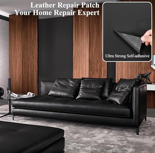 Image of Leather Repair Patch - 60 x 30 Cm self Adhesive Leather Repair Tape for Damaged Leather Furniture, Sofa Seating,Bags, Jackets - Leather Repair for Couches & Upholstery (1 Pcs - Black)