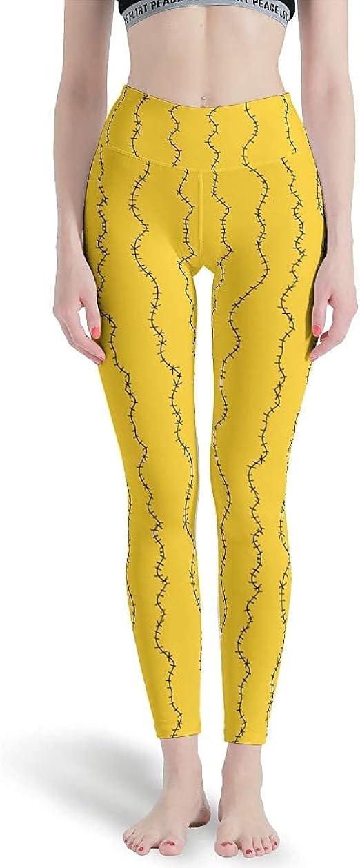 EnYanker Women Yoga Pants Women's High Waisted Yellow Stripes Yoga Leggings Tummy Control