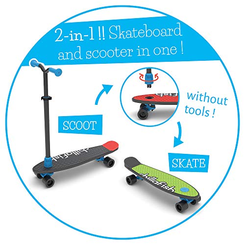 Chillafish Skatieskootie Customizable Training Skateboard and Lean-to-Steer scooter with Detachable Stability Handlebar, Multiple Deck & Tail color options, Ages 3+, Black Mix