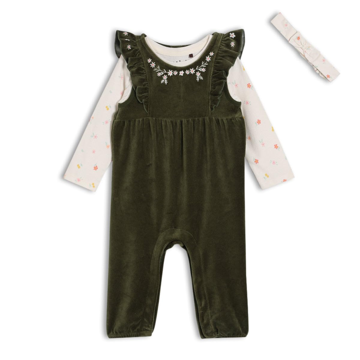 MINI CUDDLES Baby Girls Floral Embroidered Dungaree 3pc Set, Green (12-18M)