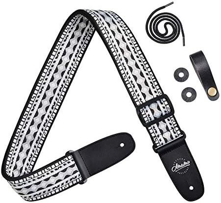 Amumu Guitar Strap Hootenanny Black White Cotton for Acoustic, Electric and Bass Guitars with Strap Blocks & Headstock Strap Tie