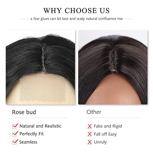 Image of Rose bud Wavy Bob Wig Natural Wig Natural Black Synthetic Hair Shoulder Length Short Curly Middle Part Lace Front Wigs for Women