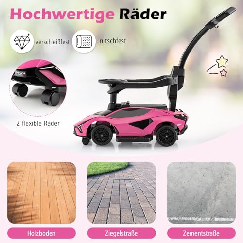 DREAMADE 3-in-1 Rutschauto Lamborghini, Rutschfahrzeug mit Schiebestange, Musik, Lichter & Sicherheitsbügel, Schiebauto für Kinder 18-60 Monate, belastbar bis 25kg (Rosa) – Bild 8