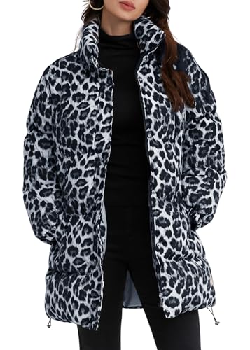 utcoco Womens 2024 Fashion Leopard Padded Puffer Coat Stand Collar Full Zip Winter Warm Down Coat Parka Overcoat