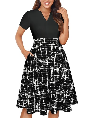 Image of YATHON Womens Elegant Print Notched Neck Slant Pocket Pleated Hem Casual A-Line Dress