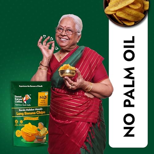 Image of Sweet Karam Coffee Kerala Malabar Masala Long Banana Chips - 95g | No Palm Oil or Preservatives | Made with 100% Coconut Oil | Zero Trans Fat | Thin, Crunchy & Spicy Tea-Time Namkeen