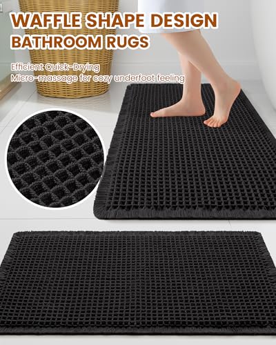 Image of Smiry Waffle Bath Mat 30x20, Extra Soft Absorbent Bathroom Rugs, Non Slip Machine Washable Quick Dry Bath Rugs for Bathroom Floor, Tub, Shower, Home Decor Accessories, Black