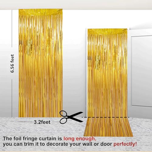 Image of 2 Pack 3.28 ft x 6.56 ft Golden Tinsel Curtain Party Backdrop Decorations, Metallic Foil Fringe Backdrop Door for Halloween, Christmas, Birthday Graduat