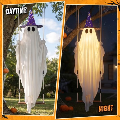 5' Sehloran Hanging Swinging Halloween Ghost w/ Bats & Witch Hat - image 5