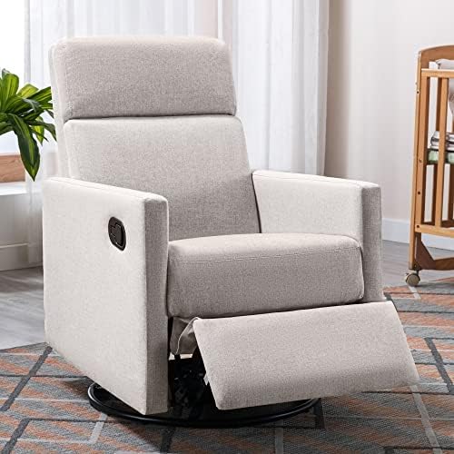 JARKUZ Rocking Chair Nursery, Modern Linen Recliner 360 Degree Swivel Glider with Metal Base, Thick Upholstery, High Density Foam Accent Armchair for Nursing Reading and Relaxing (Tan)