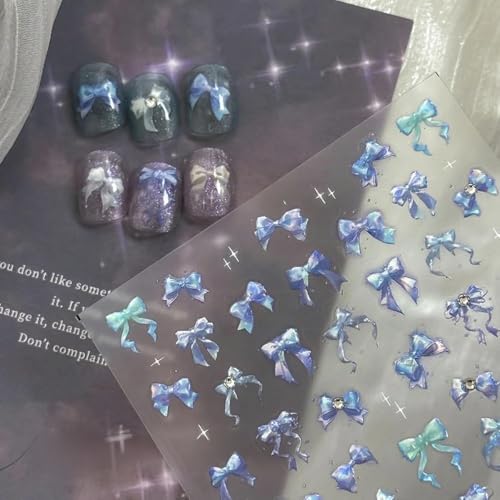 Image of Bow Nail Art Stickers Blue Purple Nail Decals with Rhinestone Design 5D Embossed Self-Adhesive Nails Art Supplies for Women Girls Kid DIY Manicure Decoration