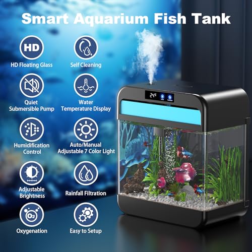 Fish Tank Aquarium 2.2 Gallon with Humidifier 7 Color Looping Light with Timer Self-Cleaning 3 in 1 Water Pump with Filteration & Oxygenation & Circulation, Temperature Display, HD Heat Bending Glass