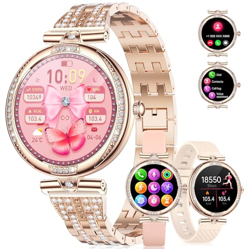 FEELNEVER Relojes inteligentes para mujer (3 correas), reloj inteligente AMOLED de diamante de 1.2 pulgadas con llamada Bluetooth, monitor de sueño de presión arterial, frecuencia cardíaca, 121 modos